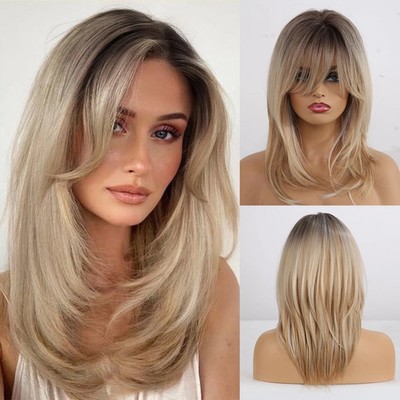Layered Blonde WigsWomen Synthetic Hair Wig with Bangs  Daily Party Use