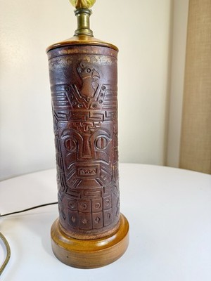 Vintage Lamp Cylinder Shaped Tooled Leather Wrapped Ancient Aztek Mayan Design