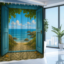Coastal Shower Curtain with Beach View, Ocean and Sky Design