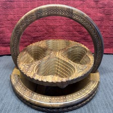 Vtg 12” Artisan hand carved wood Himalayan Rosewood folding 4 mini-hearts basket