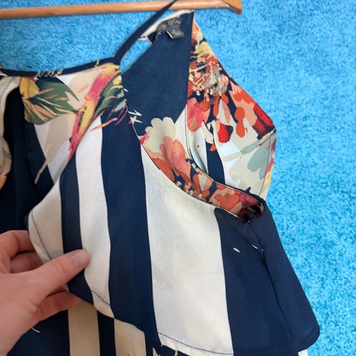 Lily Rose Damen Bluse Blumen Streifen Rüschen Größe M marine weiß fließende Ärmel Oberteil - Bild 7 von 14