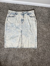 Wild Fable Acid Wash Denim Midi Skirt Size 16 Blue White Front Slit