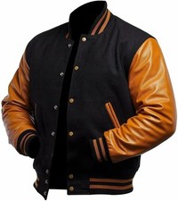Black Wool Varsity Letterman Jacket with Old Gold Real Leather Sleeves