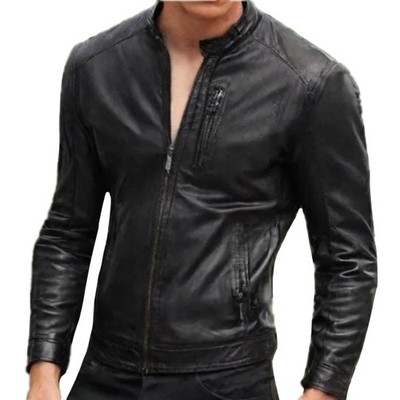 MENS BLACK BOMBER VINTAGE GENUINE SHEEPSKIN LEATHER JACKET SLIM FIT BIKER