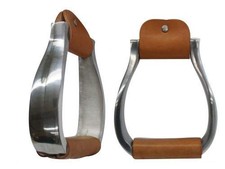 Showman Polished Aluminum Flat Bottom Stirrups w/ Leather Tread