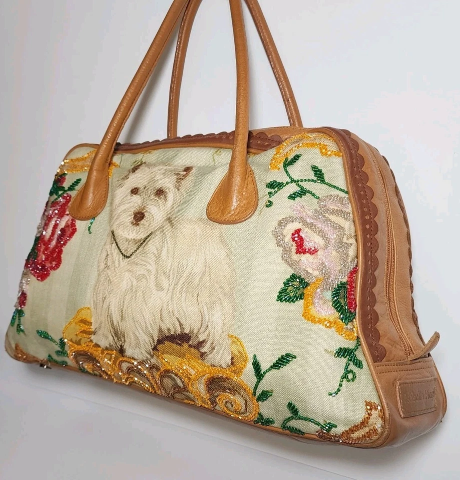 ISABELLA FIORE WHITE TERRIER,BEADED,FABRIC LEATHER DOGGY DIVA HANDBAG $565 - Image 4 of 4