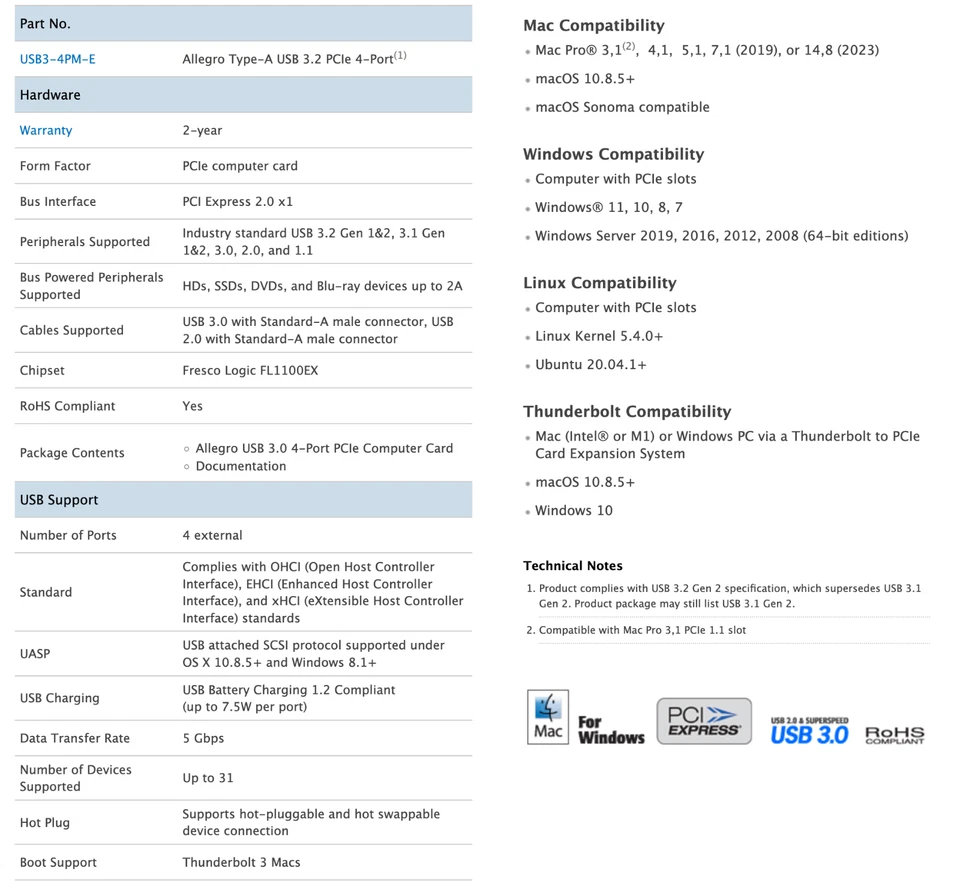 Sonnet USB3-4PM-E Allegro 4-Port USB 3.2 Gen 1 PCI Express Card for Mac Pro - Image 2 of 4