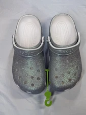 Crocs Shoes kids Silver Glitter Classic Clogs Slip Ons Sandals Youth 6 NEW