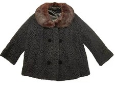 Vintage Curly Lamb Crop Jacket M Black Mink Collar Velvet Button Mob Wife 1950s