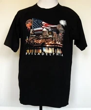 Philadelphia, PA  Cityscape Fireworks Flag Patriotic Black S/S T-Shirt L