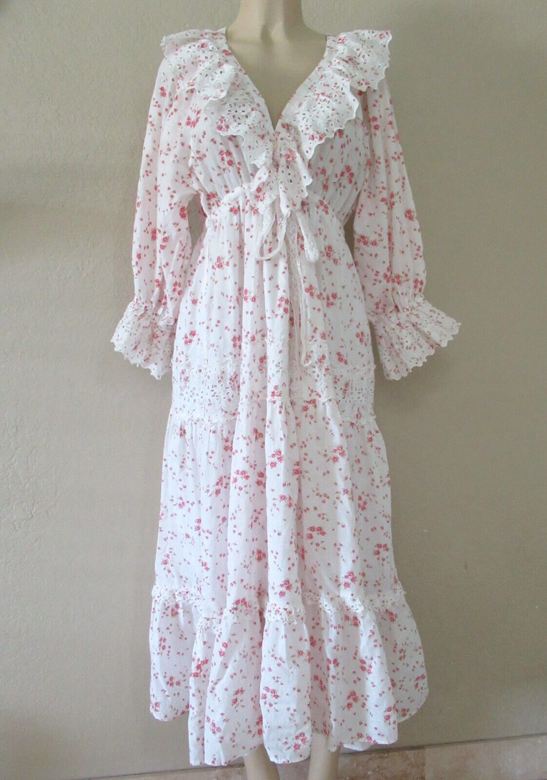 ByTimo Floral button Front Dress size L cotton slub eyelet lace ruffle midi