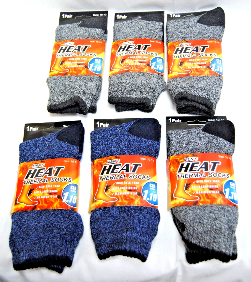 Men's Heat Thermal Socks Size 10-13 CLO Rating 1.10 Lot of 6 Asst'd Pairs T2249