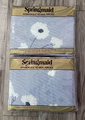 Vtg Springmaid Blue White Daisy? Floral Stripe DOUBLE Fitted & Flat Sheet Set