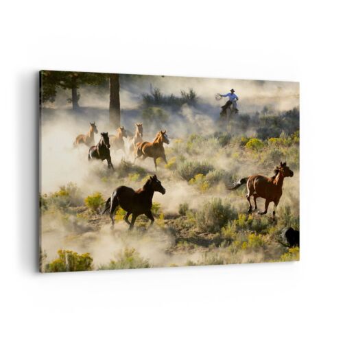 Impression sur Toile 100x70cm Tableaux Image Photo Cow-boy cow-girl cheval - Afbeelding 1 van 10