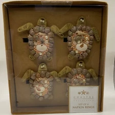 4 Coastal Collection Napkin Rings Sea Turtle Shell Beaded Beach Ocean Pink Decor