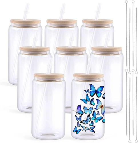 8 Stück Klar Sublimationsglas Tassen 16 Unzen Glas Becher mit Bambusdeckel HTVRONT - Bild 1 von 8