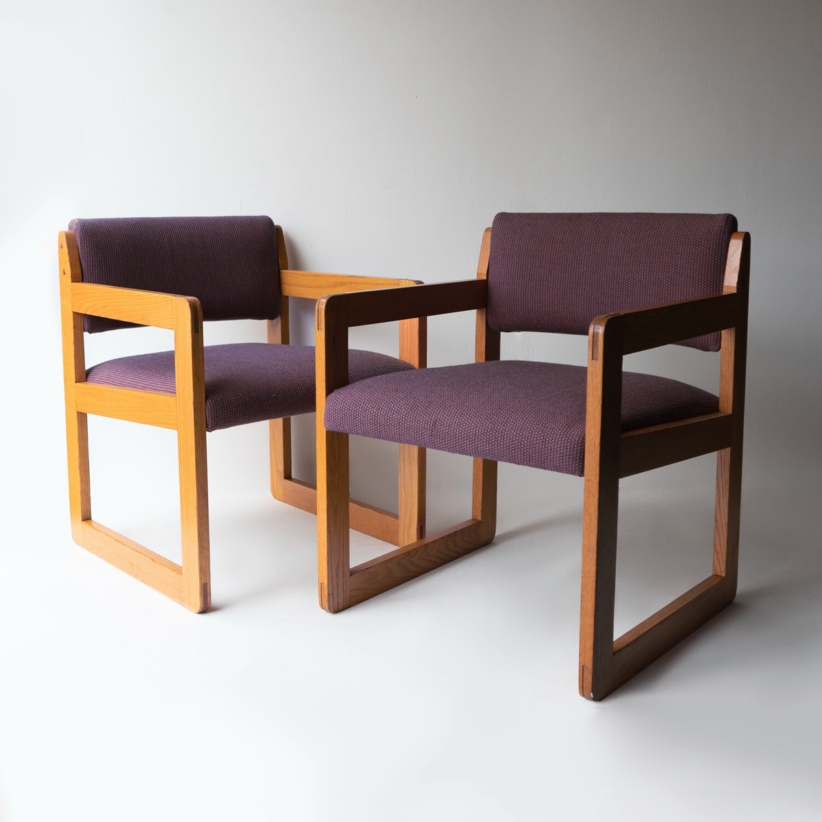 Pair of Vintage Sculptural Upholstered Oak Cube Armchairs, 1970’S