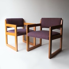 Pair of Vintage Sculptural Upholstered Oak Cube Armchairs, C. 1970’S