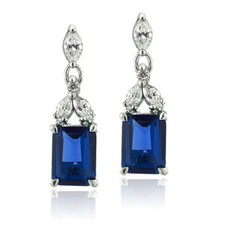 925 Silver Lab Created Blue Sapphire  CZ Rectangle Dangle Earrings