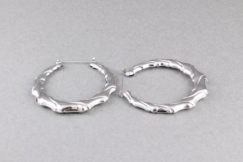 Silver hoops earrings big bamboo earrings wide door knocker hoop hollow metal - Picture 4 of 5