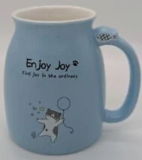 Enjoy Joy Cat Mug with Fish  and saying  “Find Joy in the Ordinary” Light Blue