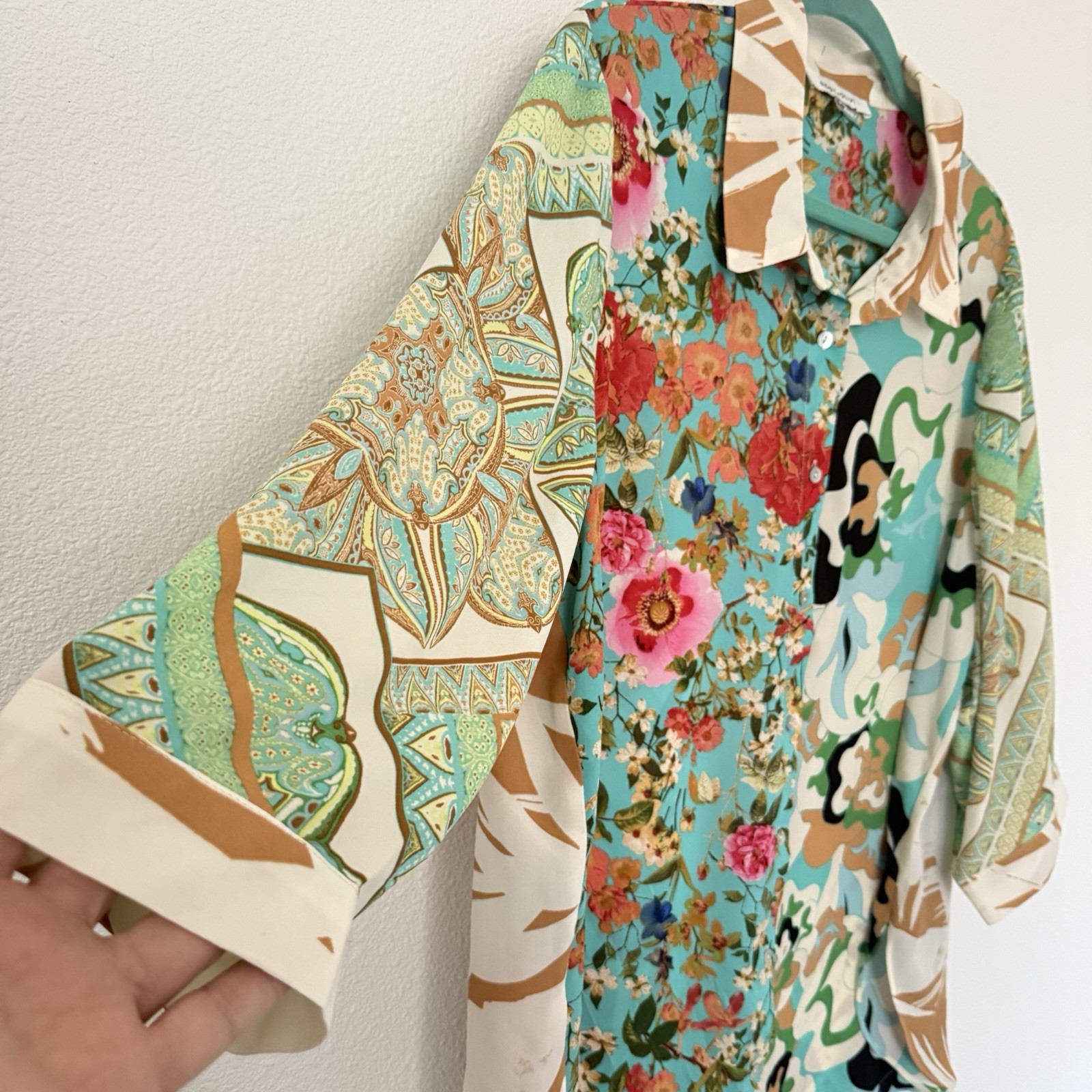 Rose+Olive Flowy Button Front Patchwork Tunic Blo… - image 2