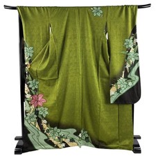Woman Japanese Kimono Furisode Silk Shibori Flower Gold Silver Foil Green 169cm