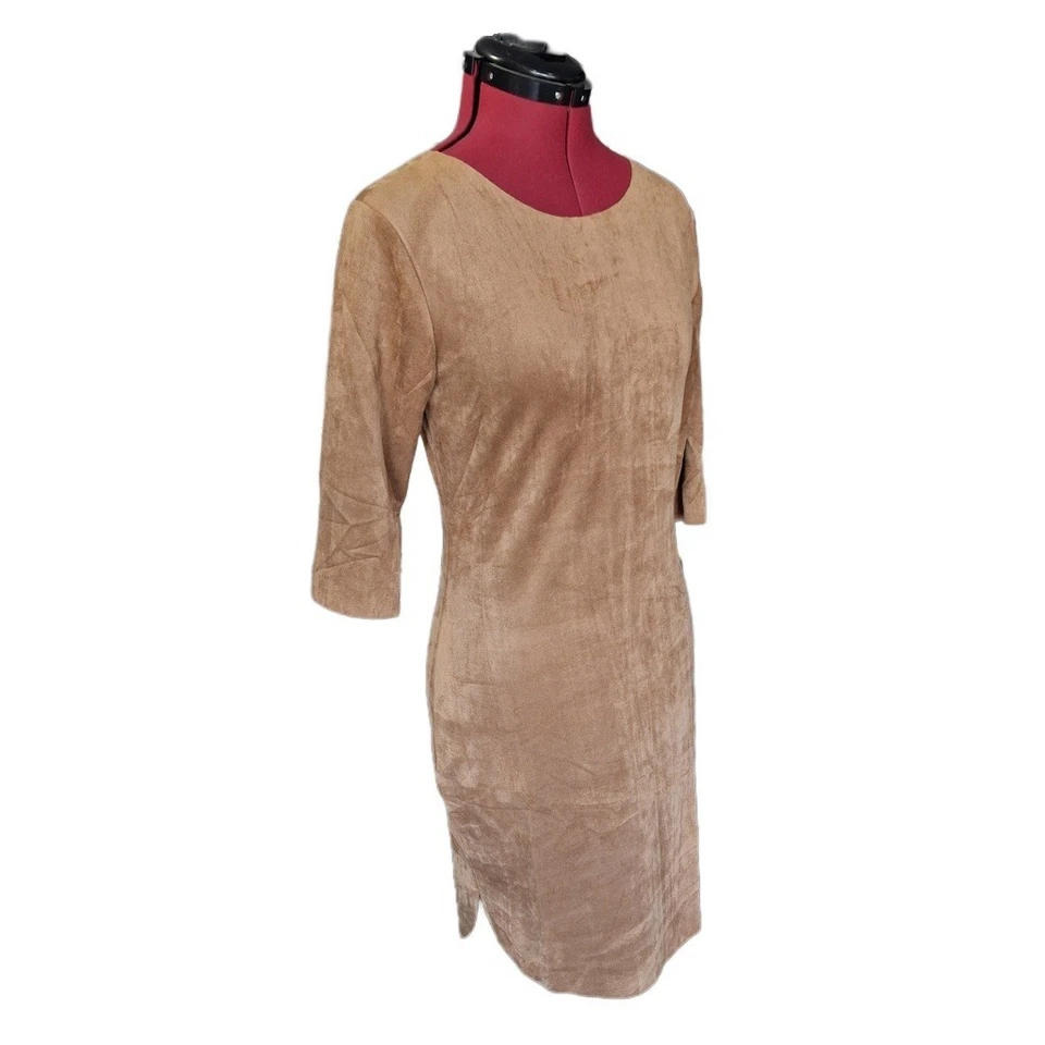 Cherry Koko 3/4 Sleeve Bodycon Dress in Tan Faux Suede – Size Large (8) - Image 2 of 4