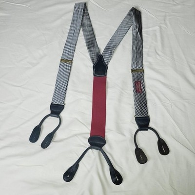 Barrons Hunter Suspenders Mens Black White Check Button End Leather Y-Back USA