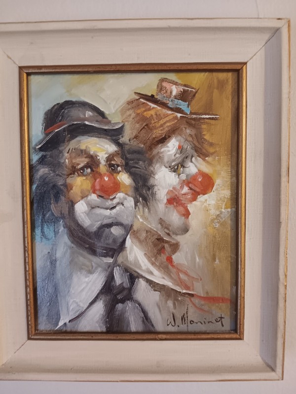 W. Maninat Signed OOAK Impressionist Clown Portrait Canvas Painting Framed 10 in