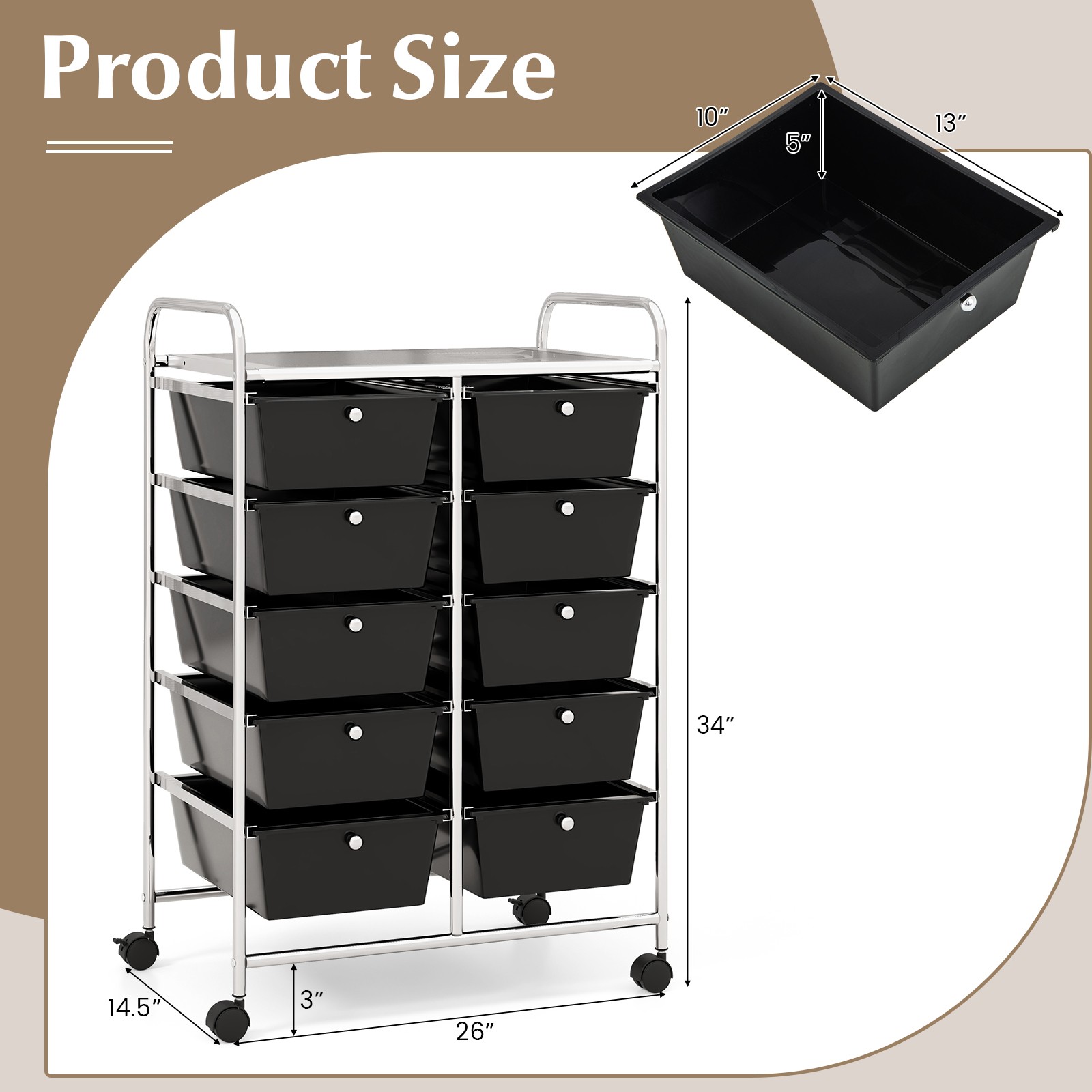 10-Drawer Storage Cart Utility Rolling Trolley Kitchen Office Organizer
