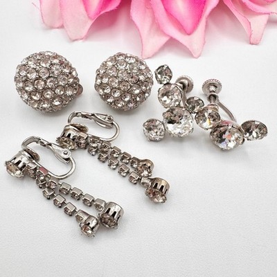 Vintage 3 Pair Rhinestone Clip On Earrings Old Hollywood Glam 50s 60s Bombshell