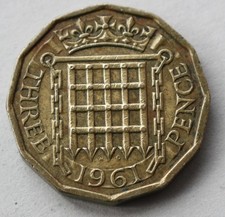 British, 1961, Queen Elizabeth II, Three Pence Coin, 3d. (G43)