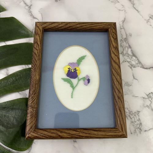 Vintage Embroidered Pansy Flower Wall Decor 80s Blue Purple Cottage Decor