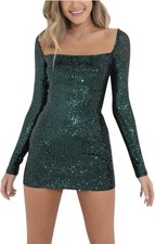 Women Sparkle Sequins Mini Dress Sexy Tie Back Bodycon Dress Long Sleeve