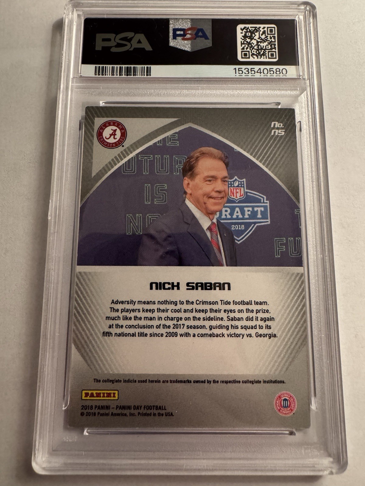 2018 Panini Day NFL Draft Red Carpet Nick Saban Auto PSA 6 Auto 6 Alabama 23/99 view 2
