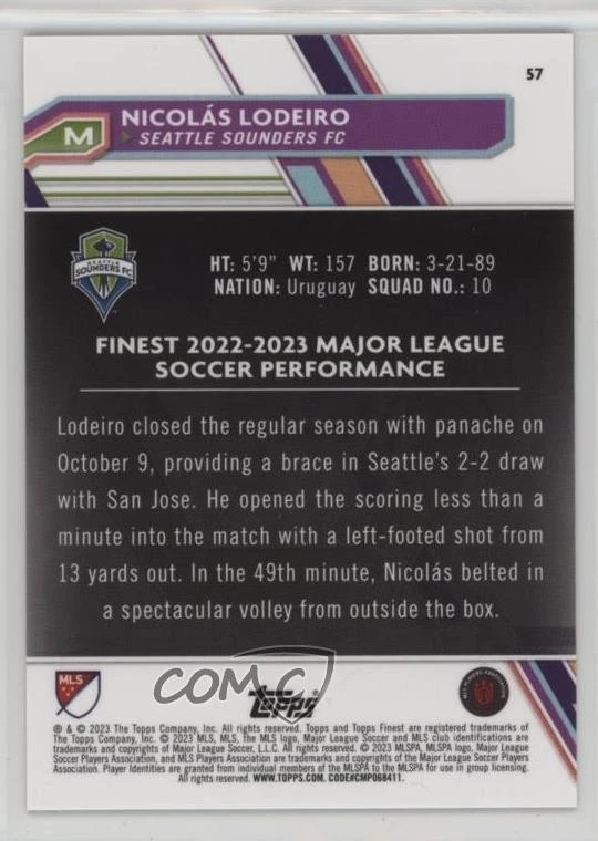 2023 Topps Finest MLS Red Refractor /5 Nicolas Lodeiro Nicolás Lodeiro #57 - Image 2 of 2