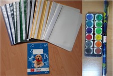 Schulsachen-Set: Malkasten + Pinsel & 8 Schnellhefter & 1 Heft & Einschlagfolie