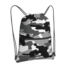 Black White Camo Drawstring bag, Camouflage Men Camping Gym Drawstring Backpa...