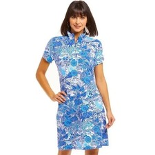 IBKUL Bamboo Garden Mock Neck Dress Blue Size XS Short Sleeve Golf Tennis Womens