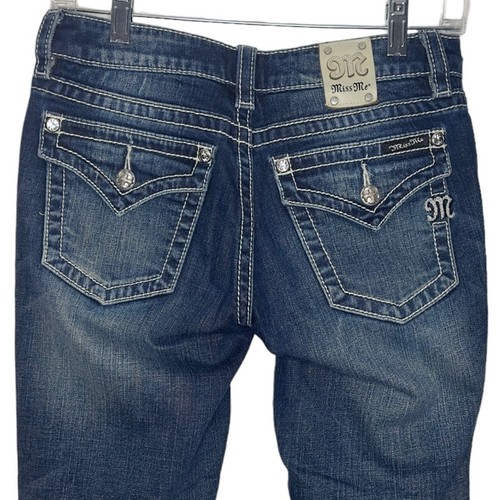 Pantalones de mezclilla Miss Me talla 27 azul lavado oscuro pierna ajustada tiro bajo desgastados claros - Imagen 3 de 6