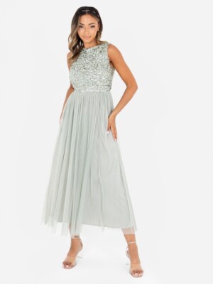 Maya Deluxe Sage Green Sleeveless Embellished Midaxi Dress | eBay