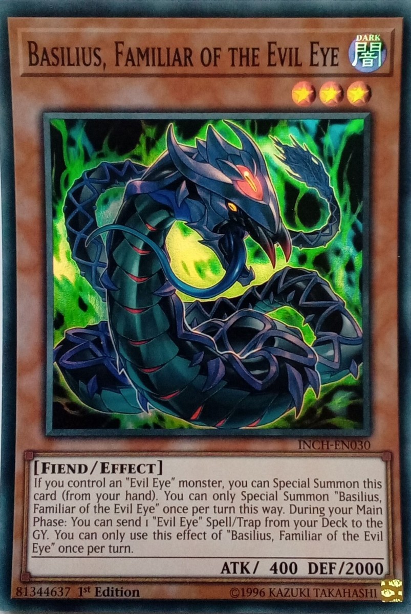 trap card yugioh with basilius on the art Yu-Gi-Oh! - Basilius, Familiar of Evil Eye - INCH-EN030 - Super Rare - 1st Edition INCH-EN030 BASILIUS, FAMILIAR OF THE