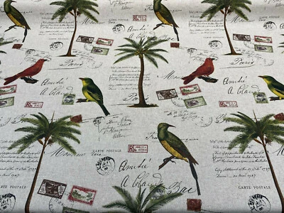 Amitie Song Birds Red Green Palm Tree Drapery Upholstery Fabric By The Yard - Image 1 of 4