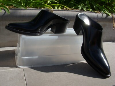 Prada Chunky Heel Pointed Toe Mules Black Leather Logo Wmn 37 MSRP