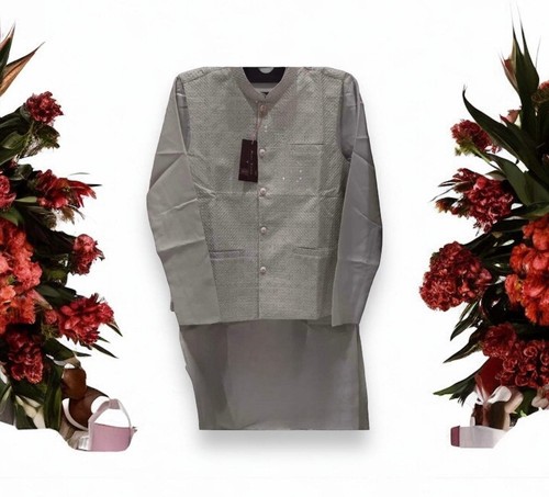 Traditional Gray Silk Kurta Set for Men with Pant and Coat - HT6423 - Picture 5 of 11
