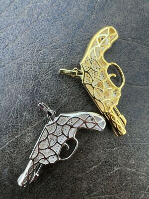 Solid 925 Silver 14k Gold Plated CZ Pistol Revolver Gun Hip Solid 925 Silver 14k Gold Plated CZ Pistol Revolver Gun Hip