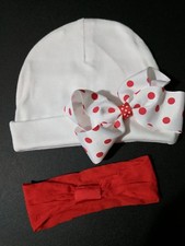 Baby girl beanie white hat red polka dot bow alligator clip headband 0-6months