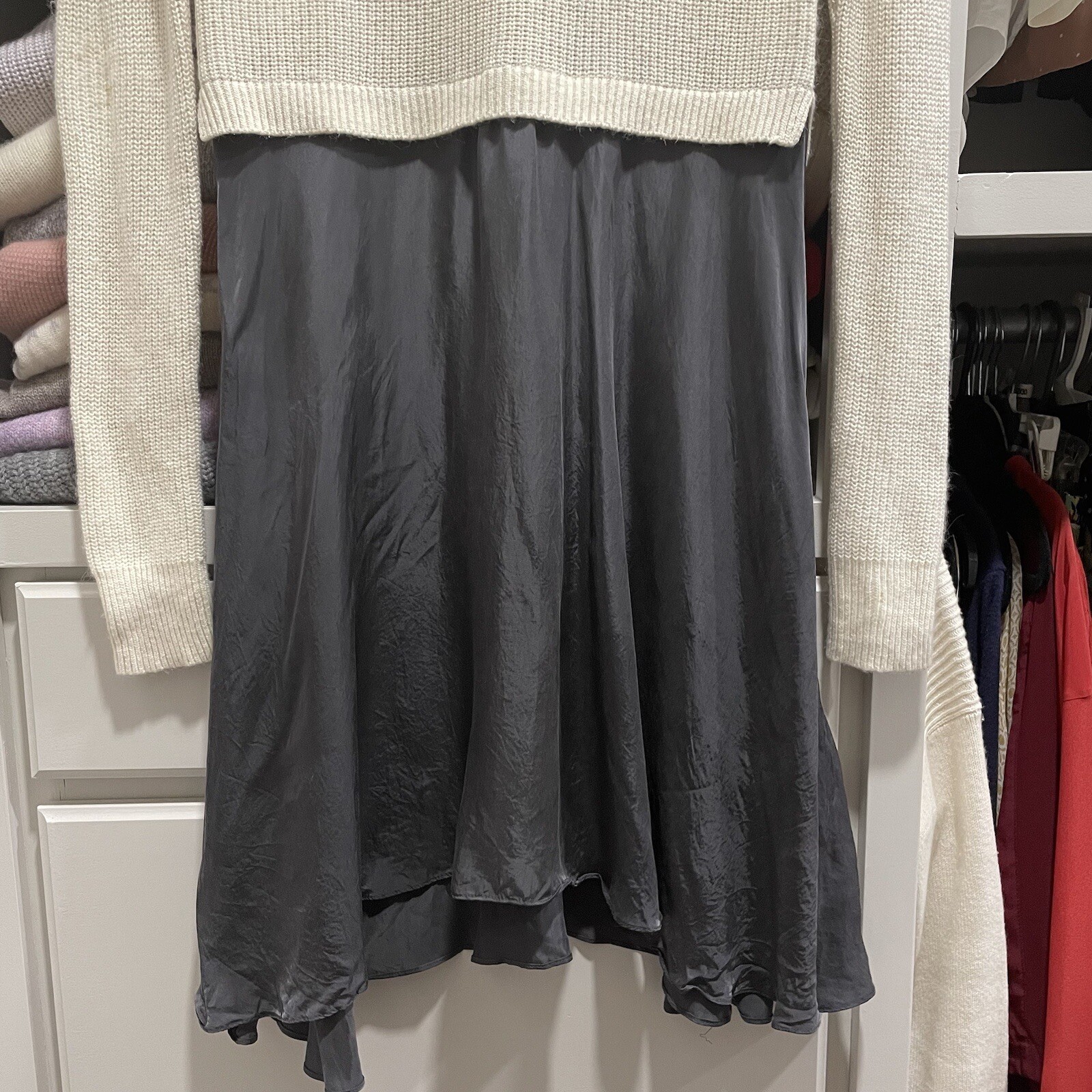 Club Monaco Ivory Sweater Black Satin Slip Skirt Bottom Long