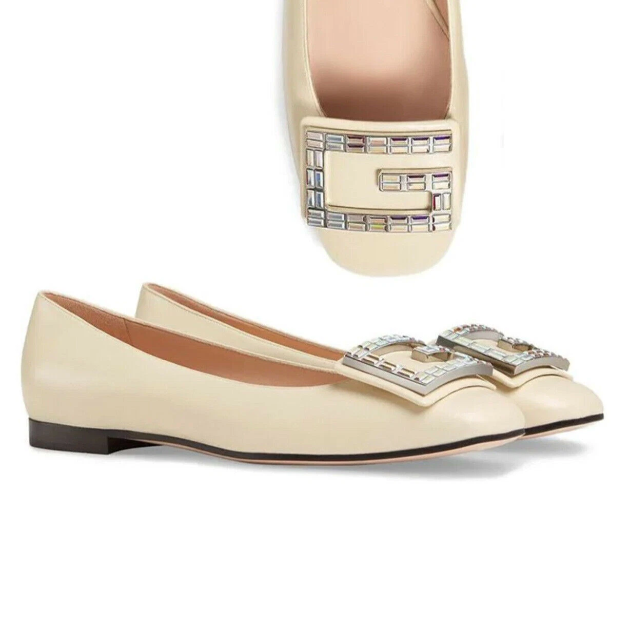 CHAUSSURES GUCCI MADELYN PLATES CRISTAL BOUCLE G CUIR BLANC IT 38 US 8